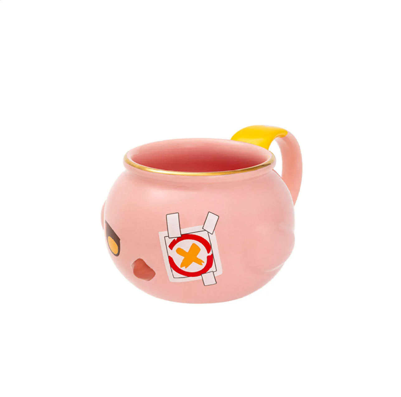 The side view reveals the mug’s smooth pink ceramic body, the character’s bandage detail, and the contrasting yellow-and-pink handle, emphasizing its cute, collectible appeal.