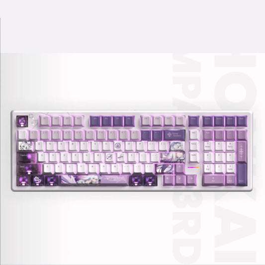 Kiana Herrscher of Finality mechanical keyboard with purple PBT/PC keycaps and RGB lighting for Honkai Impact 3rd fans.