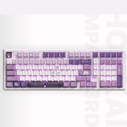 Kiana Herrscher of Finality mechanical keyboard with purple PBT/PC keycaps and RGB lighting for Honkai Impact 3rd fans.