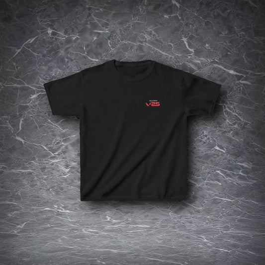  Valorant 5th anniversary black cotton T-shirt, front view, chest red "Valorant V25" logo print, crew neck, short sleeves.