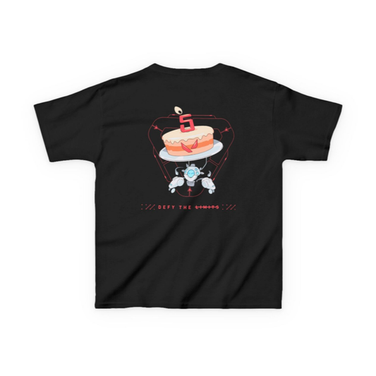 Valorant 5th anniversary black cotton T-shirt, back view, cake print with number 5, robot and "DEFY THE LIMITS" text.