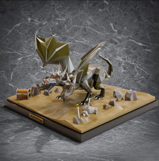 This low-poly King Black Dragon figurine features an origami-style texture, capturing the desert-dwelling beast’s fierce form. It sits on a sandy base with treasure and rocks, making it a unique display for fantasy lovers.