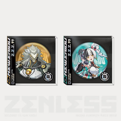 Two collectible tinplate pins from the Zenless Zone Zero Artwork Series, featuring characters Rui and Yin from the Krampus Black Branch. One pin has a bold orange background, the other a vibrant teal design, both with polarized glitter backing and mounted on black themed back cards with ZZZ branding.