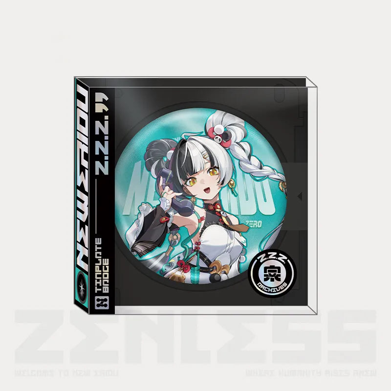 75mm tinplate pin from the Zenless Zone Zero Artwork Series, featuring character Yin from the Krampus Black Branch, set against a vibrant teal background with polarized glitter backing, mounted on a black themed back card with ZZZ branding.