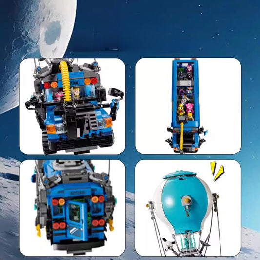 A 2x2 grid of four close-up views of a Fortnite Battle Bus building model, set against a starry space background with a moon. The panels show the front cab, side profile, rear with open door, and teal hot air balloon top, each highlighting detailed design and mini figures.