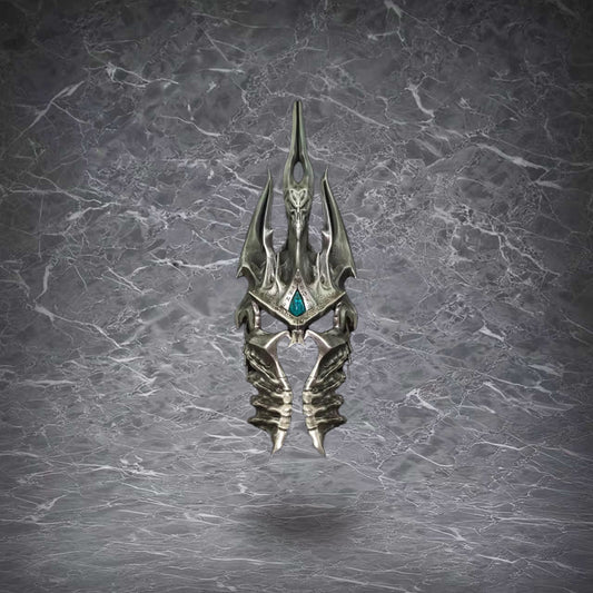 A 1:1 scale replica of the menacing Lich King helmet, featuring sharp golden spikes, intricate bone-like plating, and a glowing teal gem at its center. Mounted on a display stand, it captures the icy, regal menace of the frozen throne’s iconic armor.