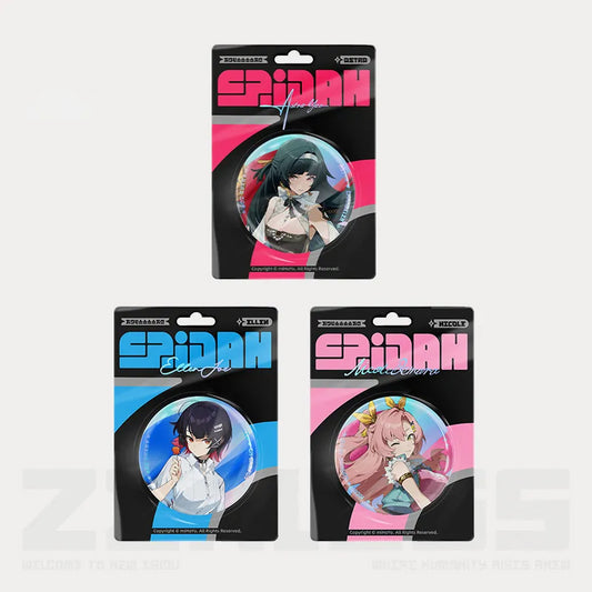 Three collectible tinplate pins from the Lidu Fashion Series of Zenless Zone Zero, displayed on their themed back cards with bold, colorful SPIDAH branding. The red card features Lycaon, the blue card features Ellen Joe, and the pink card features Nicole Demara, each with a holographic, rainbow-shifting effect on the pin surface.