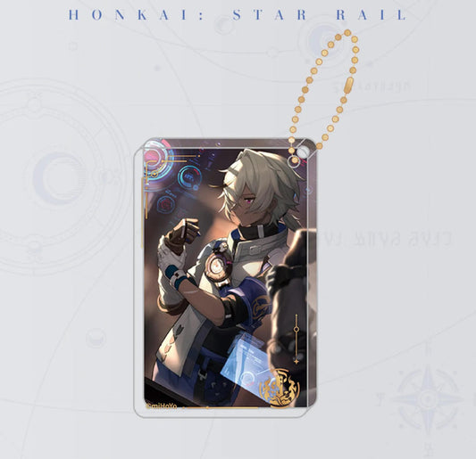 This charm showcases Arlan, the dedicated defender of the Herta Space Station. He has short, tousled silvery-blond hair and sharp, focused violet eyes, depicted in a combat-ready stance with his fists raised. His sleek, futuristic outfit combines white, blue, and black with glowing tech accents, set against a backdrop of holographic interfaces that highlight his role as a security officer. The warm, dramatic lighting and gold foil framing enhance his determined, no-nonsense energy.

