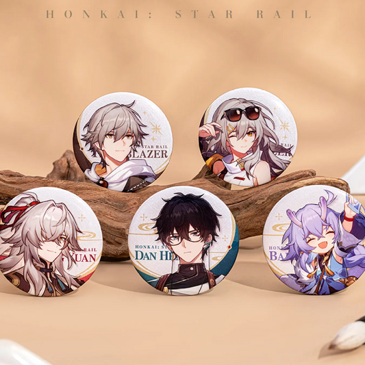 Five round Honkai: Star Rail badges are arranged on a weathered wooden branch. The badges feature the Male Trailblazer, Female Trailblazer, Jing Yuan, Dan Heng, and Bailu, all with a shimmering iridescent sand glitter finish.