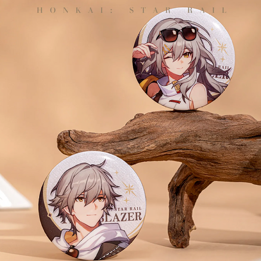 Two badges are displayed on a rustic wooden branch. The lower one shows the Male Trailblazer with a gentle smile, while the upper one features the Female Trailblazer winking playfully with sunglasses perched on her head. Both have a glittering background.