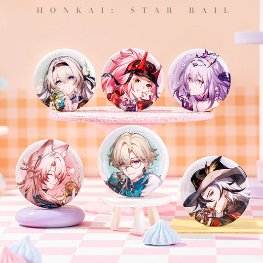 A set of six Honkai: Star Rail character badges is displayed on a pastel pink and yellow dessert stand setup. 