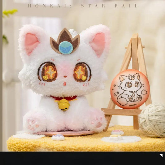 Lihua Cat Series shoulder-sitting plush from Honkai: Star Rail, featuring starry eyes, soft white fur, and a bell collar