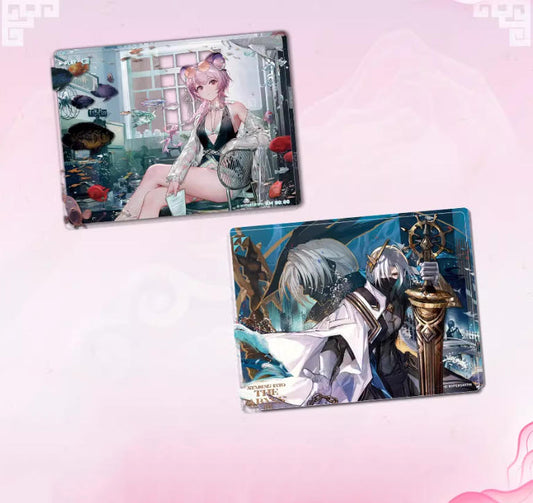 Two Arknights character acrylic blocks, featuring Lin in her Summer Resort FA137 Ver. and Ulpian in his Abyss Gaze Ver., displayed together against a soft pink background.