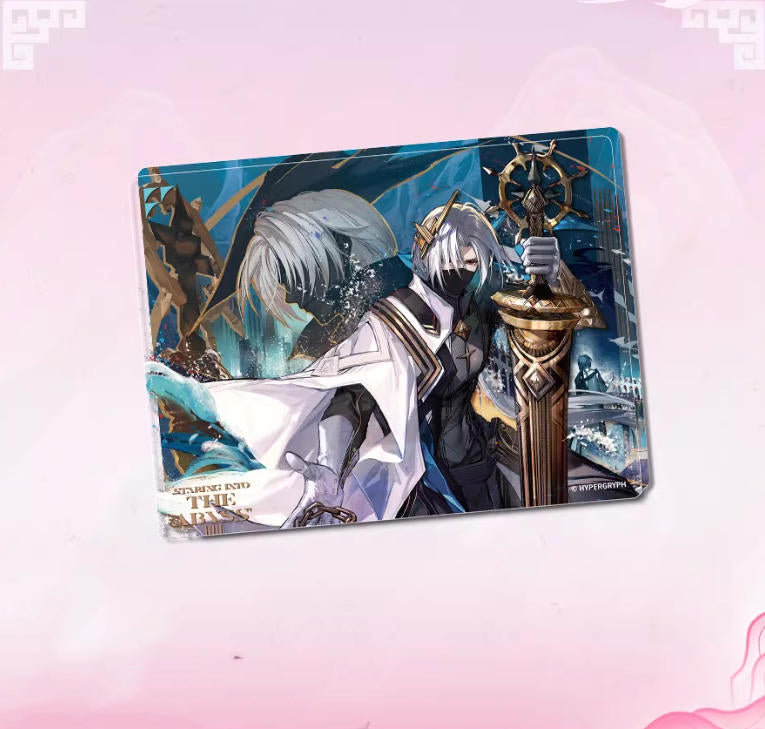 Acrylic block of Ulpian from Arknights, featuring his Abyss Gaze Ver. artwork with dramatic, dark-toned details of an abyss-themed scene, presented on a pink background.
