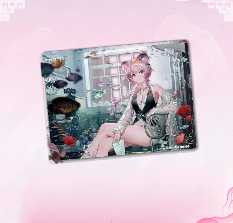 Acrylic block of Lin from Arknights, showcasing her Summer Resort FA137 Ver. design with vibrant, colorful details of a tropical resort scene, set against a pink backdrop.