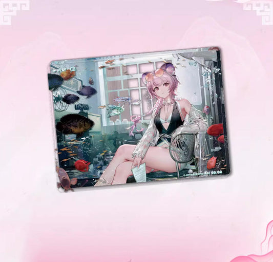 Acrylic block of Lin from Arknights, showcasing her Summer Resort FA137 Ver. design with vibrant, colorful details of a tropical resort scene, set against a pink backdrop.
