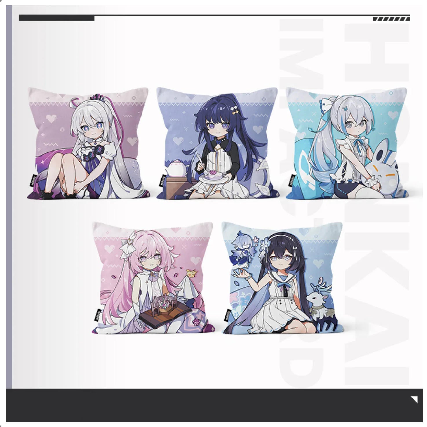 Honkai Impact 3rd Little Herrscher Series hug pillows, set of five with distinct cute anime character designs, made of polyester, collectible for fans.