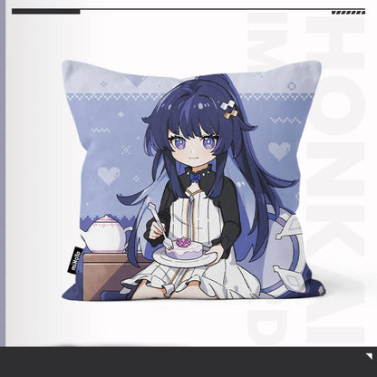 Honkai Impact 3rd Little Herrscher Series hug pillow, featuring chibi Herrscher of the End enjoying a slice of cake with a teapot on a light blue pixel art background, made of polyester, collectible for fans.