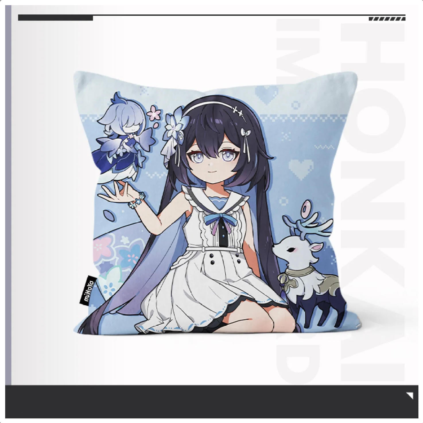 Honkai Impact 3rd Little Herrscher Series hug pillow, featuring chibi Herrscher of Death and Life enjoying a cake with a teapot on a light blue pixel art background, made of polyester, collectible for fans.