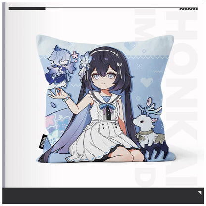 Honkai Impact 3rd Little Herrscher Series hug pillow, featuring chibi Herrscher of Death and Life enjoying a cake with a teapot on a light blue pixel art background, made of polyester, collectible for fans.