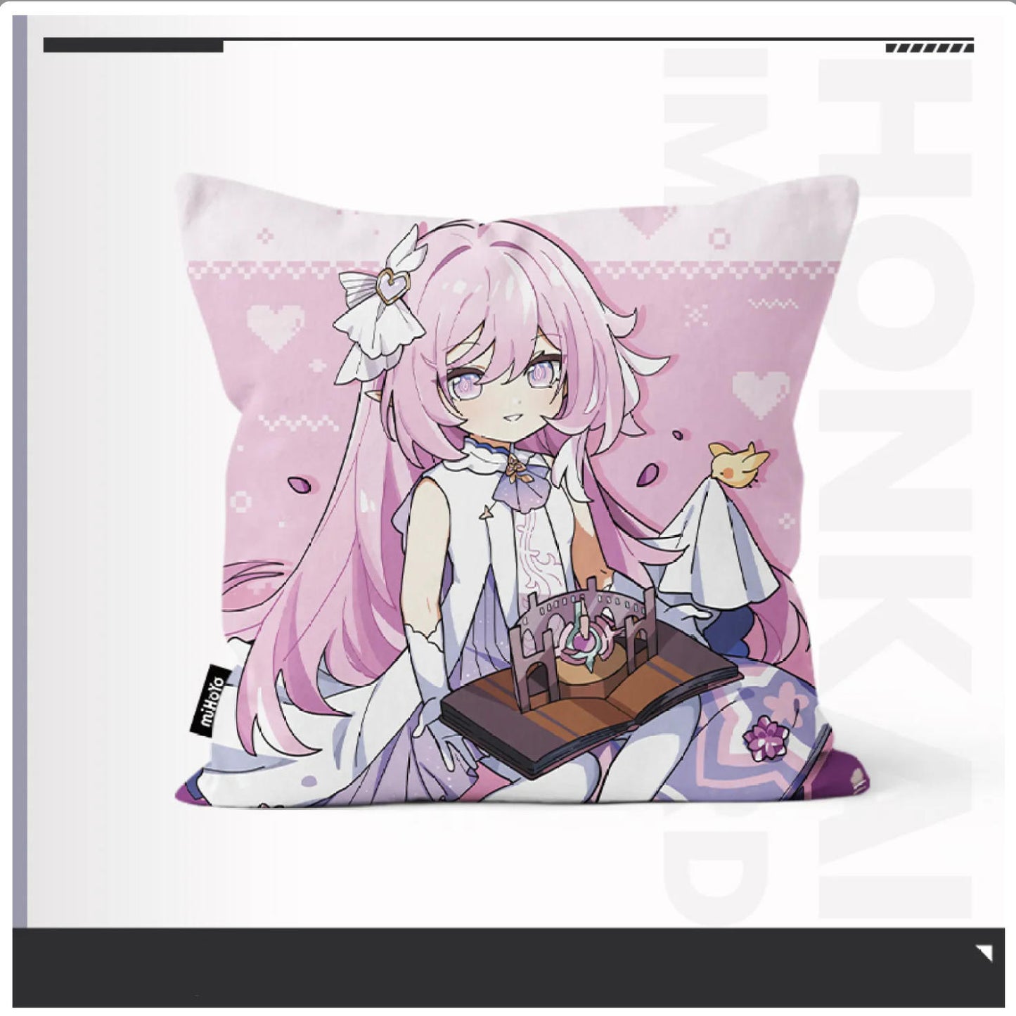 Honkai Impact 3rd Little Herrscher Series hug pillow, featuring chibi Herrscher of Human Ego with a pink pixel heart background, holding a decorative book device and accompanied by a small bird, made of polyester, collectible for fans.