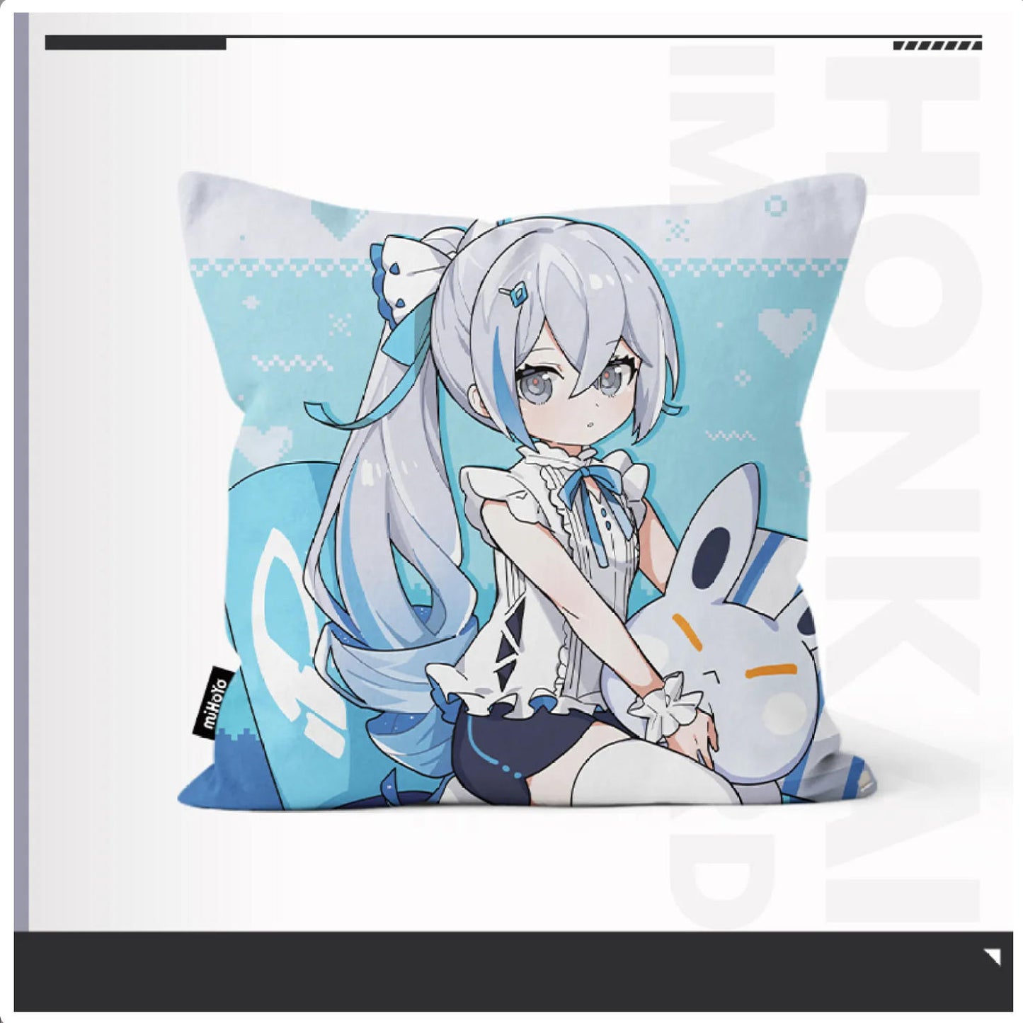 Honkai Impact 3rd Little Herrscher Series hug pillow, featuring chibi Herrscher of Truth against a light blue pixel art background, holding a cute rabbit plush toy, made of polyester, collectible for fans.