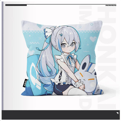 Honkai Impact 3rd Little Herrscher Series hug pillow, featuring chibi Herrscher of Truth against a light blue pixel art background, holding a cute rabbit plush toy, made of polyester, collectible for fans.