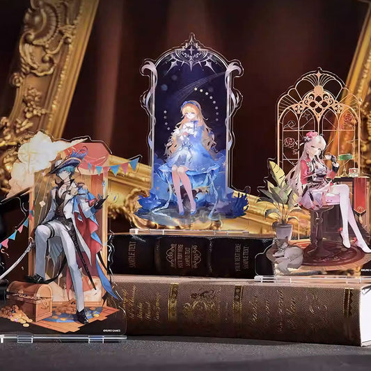 Three Wuthering Waves acrylic stands with ornate backdrops: a pirate-themed male character, a starry night female figure, and a lounge-style female character, displayed on vintage books.