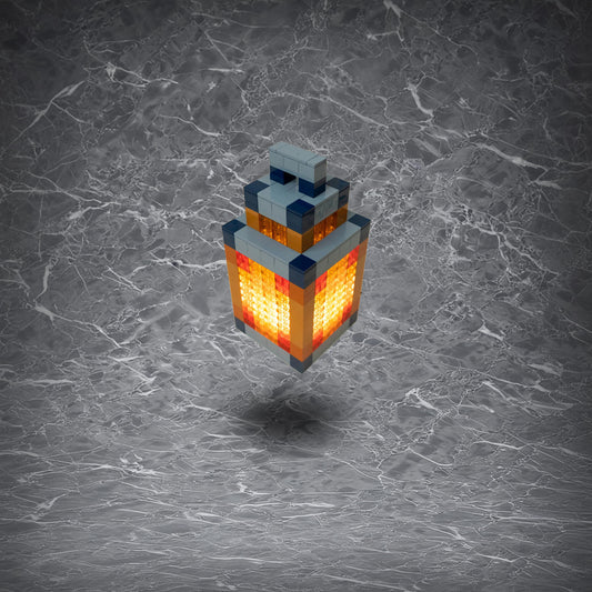 Floating Minecraft Lantern Night Light against a sleek marble backdrop. Its pixelated design and warm glow make it a stylish, nostalgic accent for any space.

