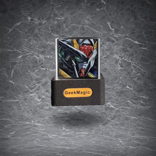 GeekMagic Art Display Cube with a dynamic Gundam illustration. Set against a marble background, it’s a sleek, collectible piece for mecha and tech enthusiasts.