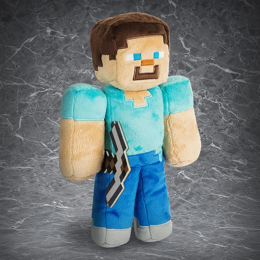 A plush toy of Steve from Minecraft, featuring a blocky design with brown hair, blue eyes, a blue shirt, and blue pants.