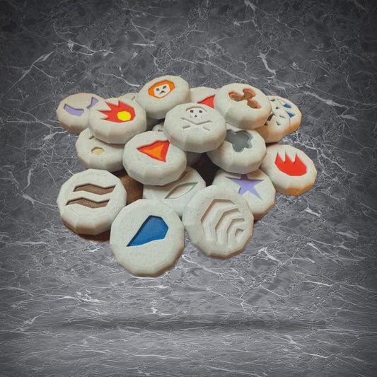 Collection of 3D printed OSRS magic rune magnets including Fire, Water, Air, and Law runes, made of durable PLA plastic.