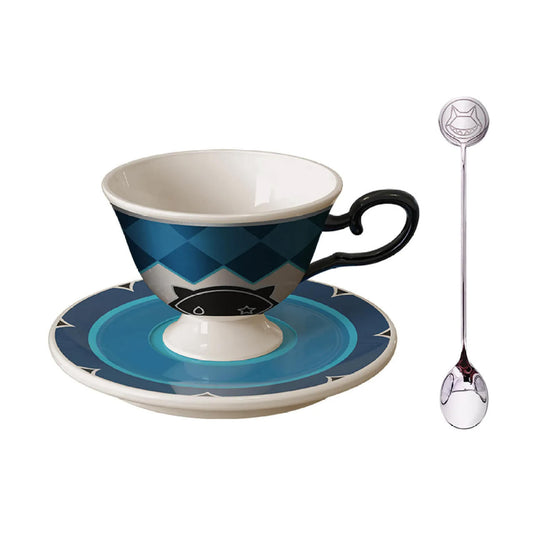 This afternoon tea set features a ceramic cup and saucer with Lynette’s signature black cat and blue argyle design, paired with a 304 stainless steel spoon topped with a cat face, perfect for magical tea time.