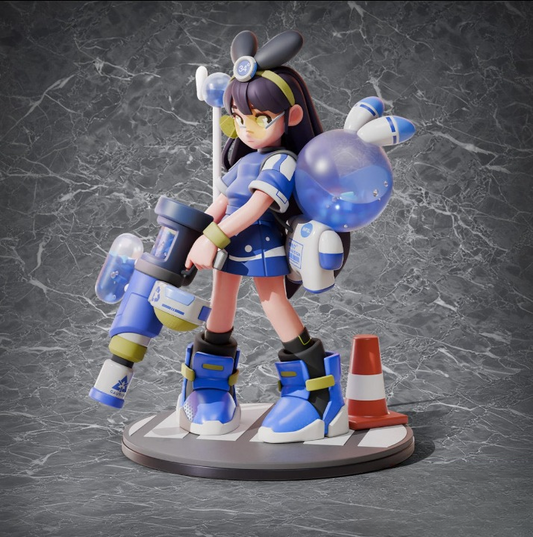 This vibrant, stylized anime figurine features a tech-inspired girl in a bold blue outfit, complete with a bubble rabbit backpack and oversized weapon. It stands on a traffic-themed base, making it a playful, eye-catching display for anime and figure collectors.