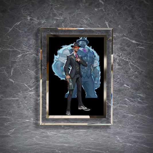 Marvel Rivals crystal frame, featuring 	Daredevil (Matt Murdock) with his ice spirit, in a clear acrylic frame on marble background.