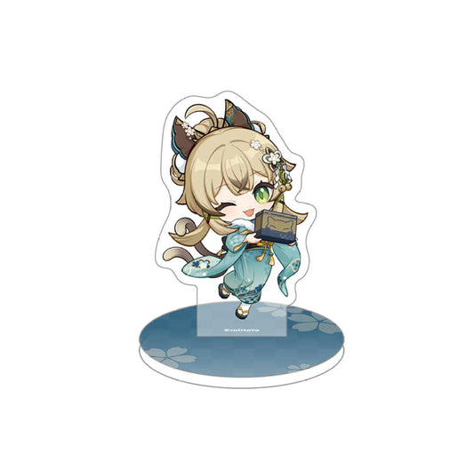 This Genshin Impact Nyanko Express Delivery Kirara chibi acrylic standee (54.5×83mm) features a playful running pose in a light-blue kimono. The circular cherry blossom base ensures stability, making it a cute desk decor and collectible.
