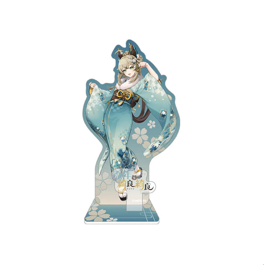 This official Genshin Impact "Meow Meow Express " series Kirara acrylic standee features her in a dynamic pose in a light-blue Japanese kimono with cherry blossom patterns. 