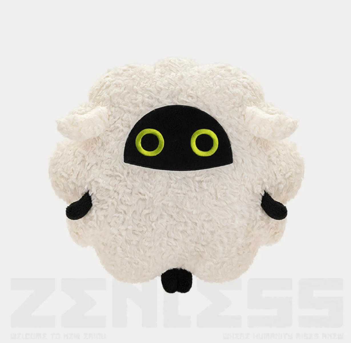 This is a product shot of the Mewaboo plush pillow from Zenless Zone Zero. The pillow features a fluffy off-white plush body, a black facial panel with striking lime-green embroidered eyes, and tiny black hands and feet. 
