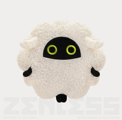 This is a product shot of the Mewaboo plush pillow from Zenless Zone Zero. The pillow features a fluffy off-white plush body, a black facial panel with striking lime-green embroidered eyes, and tiny black hands and feet. 
