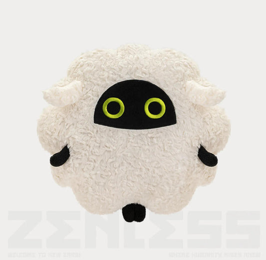 This is a product shot of the Mewaboo plush pillow from Zenless Zone Zero. The pillow features a fluffy off-white plush body, a black facial panel with striking lime-green embroidered eyes, and tiny black hands and feet. 
