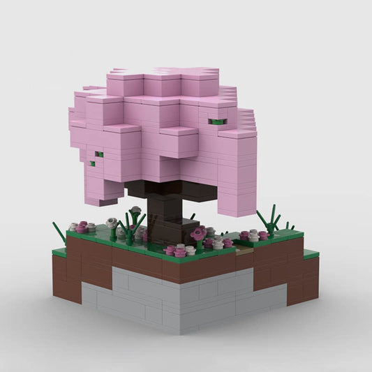 DIY Minecraft Cherry Blossom Forest made of durable ABS plastic, a pixelated pink tree building kit and ideal game gift.