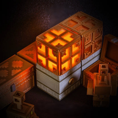 Warm orange Minecraft Copper Bulb LED light on a grey base, displayed with 3D-printed game-themed chests and collectibles.