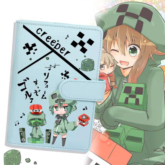 Minecraft Creeper journal notebook, featuring a PU leather cover with a cute anime-style design of a chibi Creeper girl and pixelated mob elements. The notebook is displayed alongside a large, vibrant illustration of an anime girl in a Creeper hoodie, set against a soft, pastel background. This image highlights the product's kawaii aesthetic and gaming theme, perfect for fans of both Minecraft and anime.