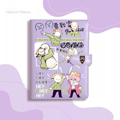 A playful pink journal notebook with a durable PU leather cover, featuring meme-style character illustrations and humorous text. The design showcases a fun, game-inspired aesthetic