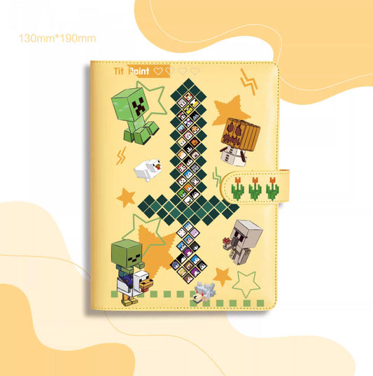 A vibrant yellow journal notebook with a durable PU leather cover, featuring pixelated game characters and iconic blocky elements like green mobs and wooden chests. 