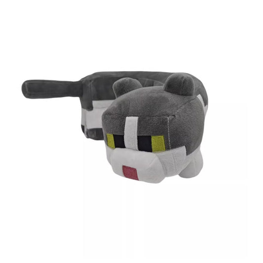 Minecraft Large U-Shaped Curved Cat Neck Pillow Plush, displayed against a grey marble-textured background. The pixelated plush features the iconic black and white design of the Minecraft cat mob, with a U-shaped form for neck support and a size of approximately 40 cm.