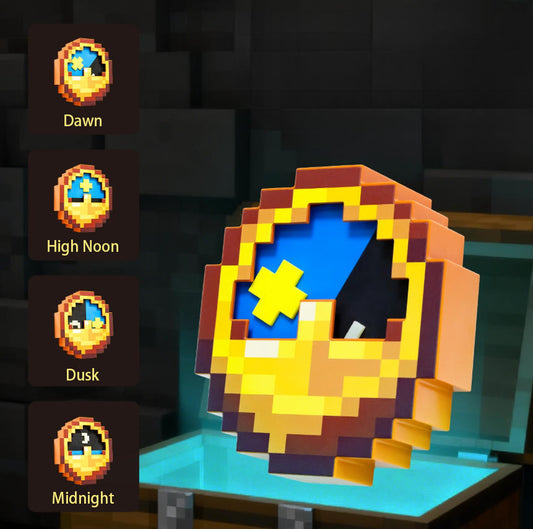 Minecraft Pixel Clock, displayed against a blocky in-game background. The 3D pixelated design features vibrant orange, yellow, and blue details that change appearance to show different times of day, including Dawn, High Noon, Dusk, and Midnight, capturing the iconic aesthetic of the game's clock item.