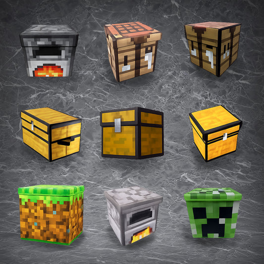 Minecraft-themed storage boxes including furnace, crafting table, chest, grass block and creeper cube designs