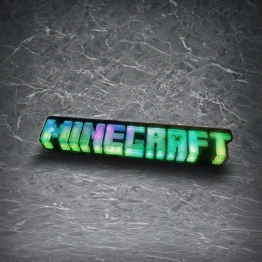 Product Focused: Minecraft logo night lamp with multi-color LED effects, a 30cm pixelated light box for gaming room desk decor.