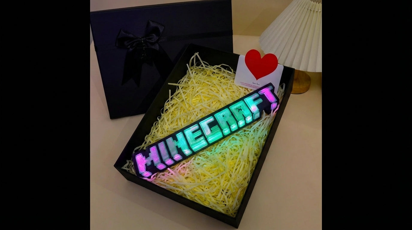 Detail Focused: 30cm Minecraft logo atmosphere light with adjustable color modes, perfect for bedroom or dorm gaming setups.